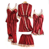 Women's Underwear Pajamas Sets Lingerie Dress Sexy Silk Satin Robe 5pcs Sleepwear Cami Top Stain Pjs for Women