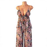 Spring European American Style Mesh Printed Polyester Sexy Pajamas Sheer Floral Lingerie Set