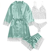 Women's Underwear Pajamas Sets Lingerie Dress Sexy Silk Satin Robe 4pcs Sleepwear Cami Top Stain Pjs for Women
