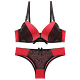 Large Plus Cup Size Solid Pattern Lace Thong Lingerie Set Embroidered G-String T-Back Panties Bikini Style Bra Underwear