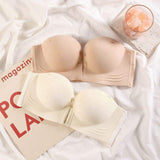 Women's Seamless Strapless Bralette Thin Breathable Front-Buttoned Push-up Bra with Logo on Cup Invisible Front Buckle Bra