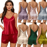 Women's Summer Casual Satin Knee Length Pajamas Set New Thin Short Sling Lace Shorts