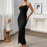 Summer Solid Color Breathable Tight Waist Slimming Maxi Length Dress Black Knitted Slim Halter Bodycon Ladies Stretchy Dresses