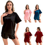 Ice Silk Breathable Women's Summer Solid Color Short-sleeved Shorts Casual Home Suit Nightgowns Elastic Waist