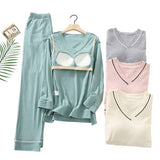 Women's Cotton Home Wear Pajamas Chest Pads All-Cotton Breathable Knitted Long-Sleeve Pants Set Elastic Waist V-neck Winter