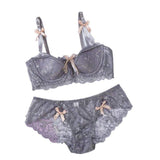 Women's Demi Cup Underwire Bra and Panty Set Lace Soft Cotton Sexy Embroidered Lingerie Solid Pattern Bikini