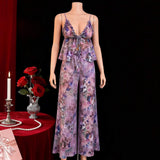 Spring European American Style Mesh Printed Polyester Sexy Pajamas Sheer Floral Lingerie Set