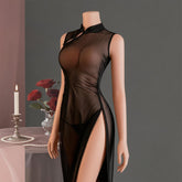 Lingerie Sheer See-Through Sleeveless Sexy Womens Slim-fit Alluring Long-slit Cheongsam Pajamas Spring