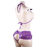 Bow Lace Bodysuit Open-Crotch No-Removal See-Through Sexy Women's Seduction Purple Lingerie