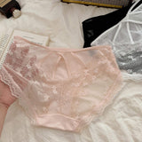 Satin Lace Mesh Hollow-Out Sexy Mid-Waist Women's Thong Breathable Crotch Comfortable Back-Hollowed Underwear