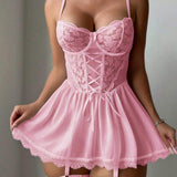 Light Control Breathable 3D Embroidery Thin Nightgown and Leg Ring Sexy Women's Satin Underwear Set
