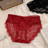 Satin Lace Mesh Hollow-Out Sexy Mid-Waist Women's Thong Breathable Crotch Comfortable Back-Hollowed Underwear