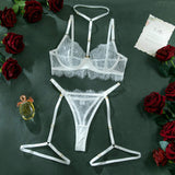 Women's Red 3-Piece Teddy Bodysuit Eyelash Lace Lingerie Set Mesh Sheer Strappy Bra V-Neck Thong Gloves Matching G-String