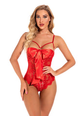 New European and American Style Sexy Women's Bow Camisole Lace Cutout Bodysuit