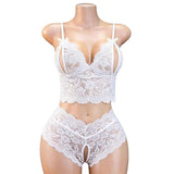 European American Style Sexy Alluring Floral Lace V-neck Open-Crotch Pajama Two-Piece Set