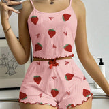 European & American Summer Strawberry Heart Print Ribbed Elastic Waist Camisole Shorts Two-Piece Set Women's Loungewear