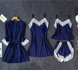 Women's Underwear Pajamas Sets Lingerie Dress Sexy Silk Satin Robe 4pcs Sleepwear Cami Top Stain Pajamas for Women