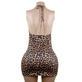 Leopard Print Low-Cut Sheath Dress Seductive Halter Strap Women's Sexy Nightgown Lingerie Polyester