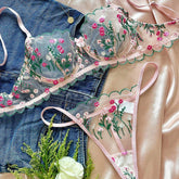 Floral Embroidery Breathable Thin Firm Control See-Through Mesh Women's Bra and Panty 1 Piece Lingerie Set