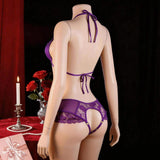 European American Sexy Lingerie Lace Bodysuit Women's Crotchless Purple Seduction Uniform