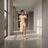 New Arrival 2-Color Body Shaping Skirt Round Neck Short Sleeve Dresses Thigh High Slit Dress