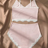 Lace Silk Slim High Elastic V-neck Mid-waist Tank Top Pants and Bra Women's Panties Underwear Set