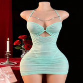 European American Mesh See-Through Halter Bodycon Dress Sexy Hip-Hugging Skirt Lingerie