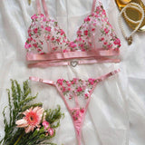 European and American Fashion Rose Embroidery Perspective Sexy love Buckle Thong Fun Suit