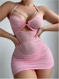 New European American Erotic Set Women's Sexy Sheer Mesh Hollow Out Bodycon Mini Dress Nightdress Intimate Set