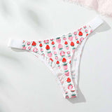 Low-waisted Cartoon Strawberry Patterned Cute Breathable 100% Pure Cotton Women's Panties Thongs T-back