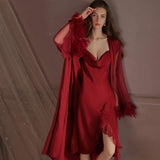 Feather Sleeves Sleepwear Mesh Fabric Slouchy Collar Bathrobe Alluring Cardigan Pajamas