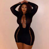 Women Long Sleeve Streetwear Fishnet Dress Sexy Hollow Out Club Silk Stockings Dress Sexy Hollow Out Fishnet Stockings dress