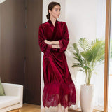Red Velvet 2-piece Robe and Dress Sexy Nightdress Morning Gown Sling Wedding Bride Nightgown