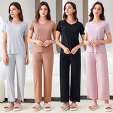 New Women's Pajamas Ice Silk Comfortable and Soft Short Sleeve Long Pants 2pcs Home Wear