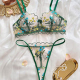Floral Embroidery Breathable Thin Firm Control See-Through Mesh Women's Bra and Panty 1 Piece Lingerie Set