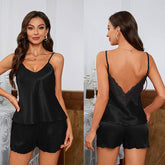 Women's Summer Casual Satin Knee Length Pajamas Set New Thin Short Sling Lace Shorts