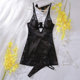 Women's Sexy Satin Dress with Deep-V Neck Lace Patchwork Embroidery Decoration G-String Nightwear Silk Slip Dress