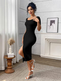 New Arrival 2-Color Body Shaping Skirt Round Neck Short Sleeve Dresses Thigh High Slit Dress