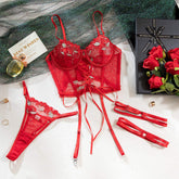 European American Summer Red Flower Embroidered Womens Sexy Underwear Advanced Light Luxury Two-Piece Set Comfortable