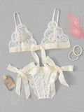 New European and American Style Sexy Women's Solid Color Hollow-out Bow Erotic Set