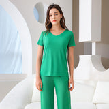 New Women's Pajamas Ice Silk Comfortable and Soft Short Sleeve Long Pants 2pcs Home Wear