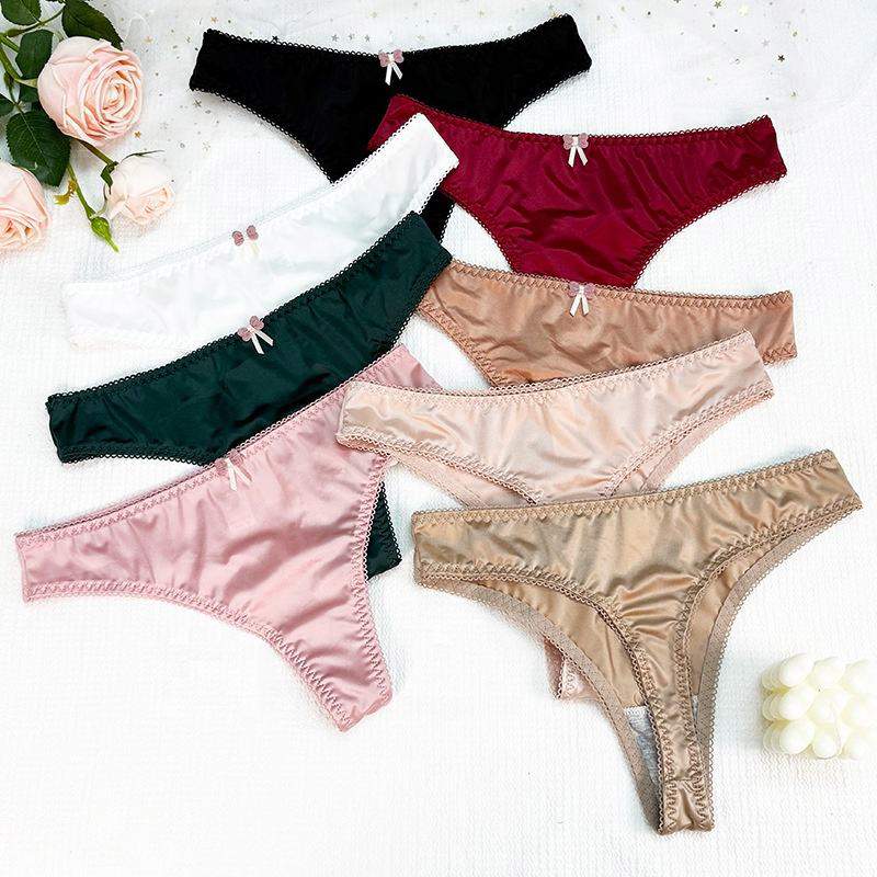 Women Plus Size Sexy Shiny Thongs Breathable Satin Lace Trim T-back Panties