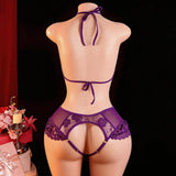 European American Sexy Lingerie Lace Bodysuit Women's Crotchless Purple Seduction Uniform