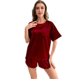 Ice Silk Breathable Women's Summer Solid Color Short-sleeved Shorts Casual Home Suit Nightgowns Elastic Waist
