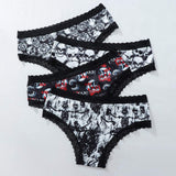 Hot Selling Sexy Fitness Women Lace Underwear Skulls Print Lace Edge Low Waist Hipster Panties for Ladies