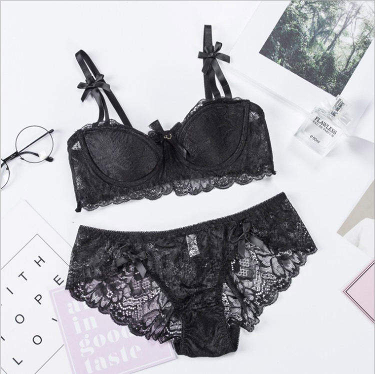 Women's Demi Cup Underwire Bra and Panty Set Lace Soft Cotton Sexy Embroidered Lingerie Solid Pattern Bikini