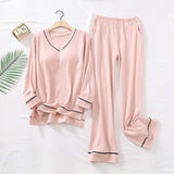 Women's Cotton Home Wear Pajamas Chest Pads All-Cotton Breathable Knitted Long-Sleeve Pants Set Elastic Waist V-neck Winter