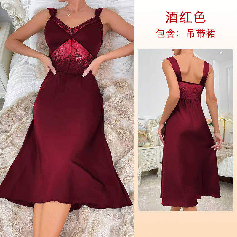 Sexy Summer Sleepwear for Women Sleeveless Satin Camisole Nightgown with Lace French Style