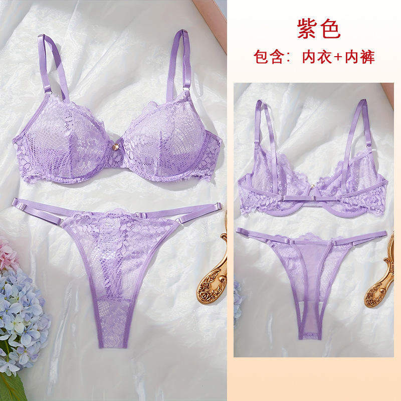 European American Lace Memory Foam Underwire Bra Set Sexy Thin T-pants Three-point Two-piece Set