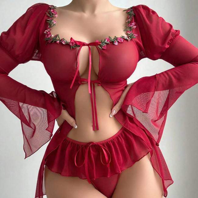 European American Style Sexy Lingerie Mesh See-Through Floral Bow Ruffled Hem Long Sleeve Camisole Dress